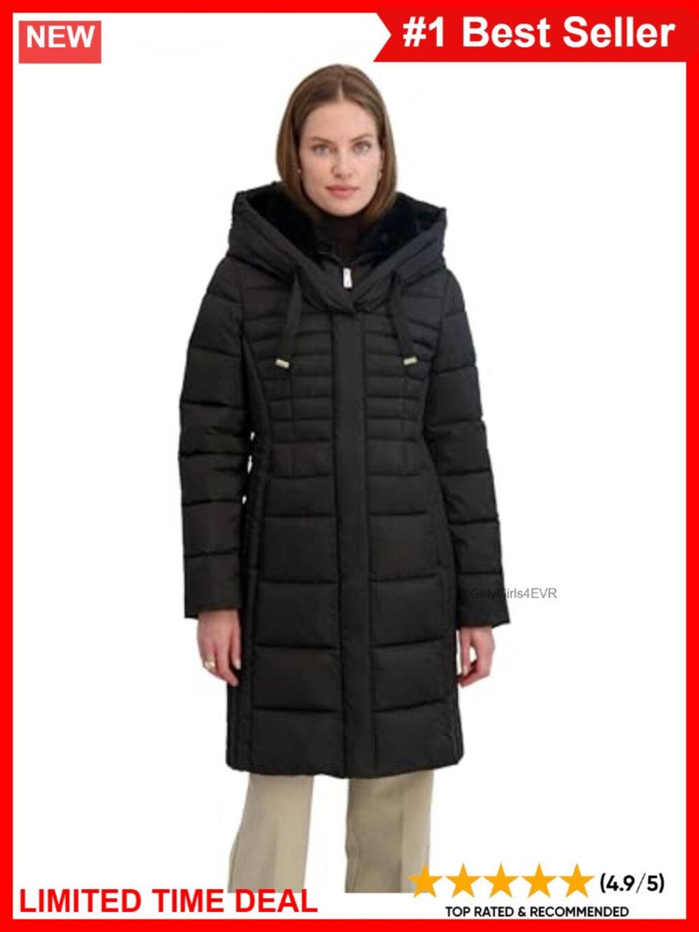 Slim Fit Quilted Puffer Coat Faux Fur Hooded Bib Insert Mid-Length Winter